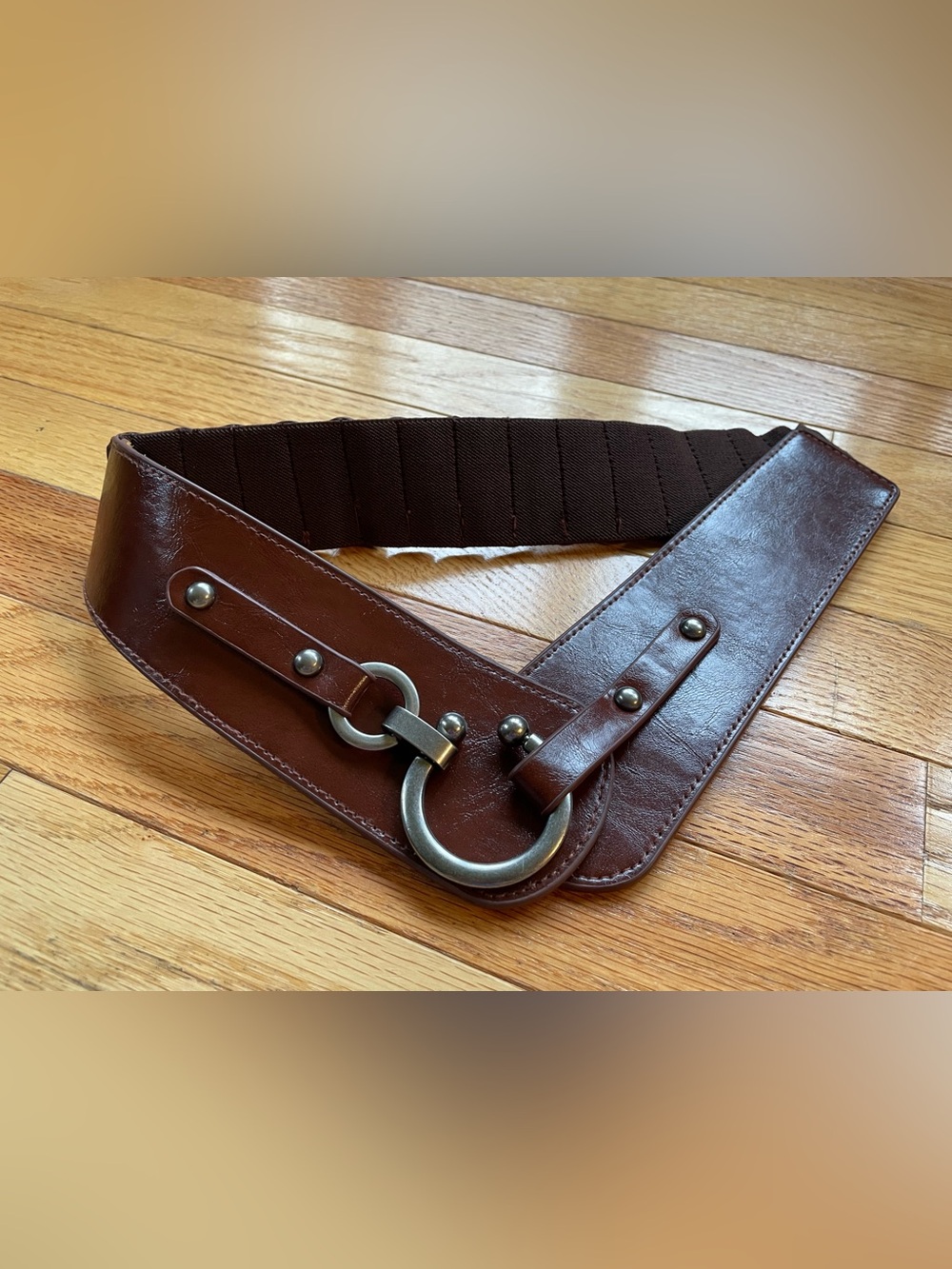 Brown Leather Wide Waist Belt with silver ring Detail - size adjustable